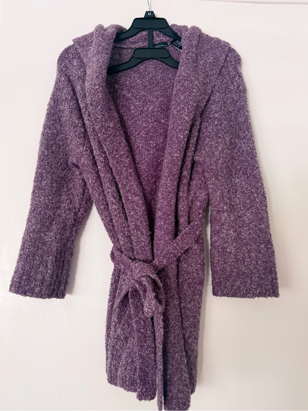 Moda International Purple Knit Hooded Belted Open Cardigan Sweater M